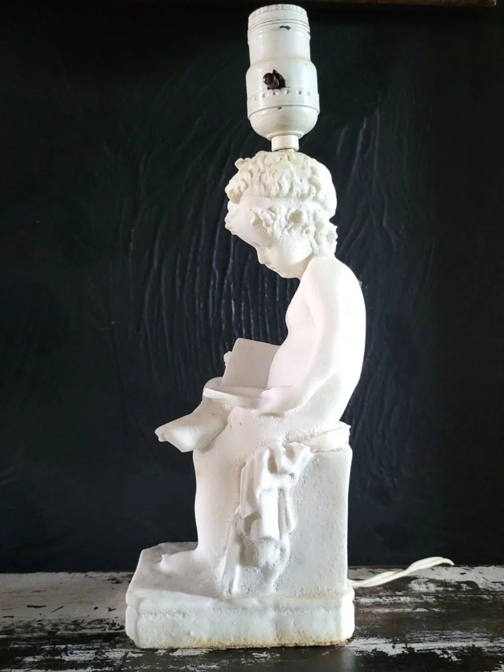Vintage White Alabaster Sculpture Lamp Of Child Scribe After Canova 12.5 Inches